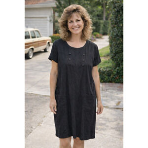 Betsy Lauren Womens Solid Black Midi Dress Short Sleeve Accent Buttons Size 13